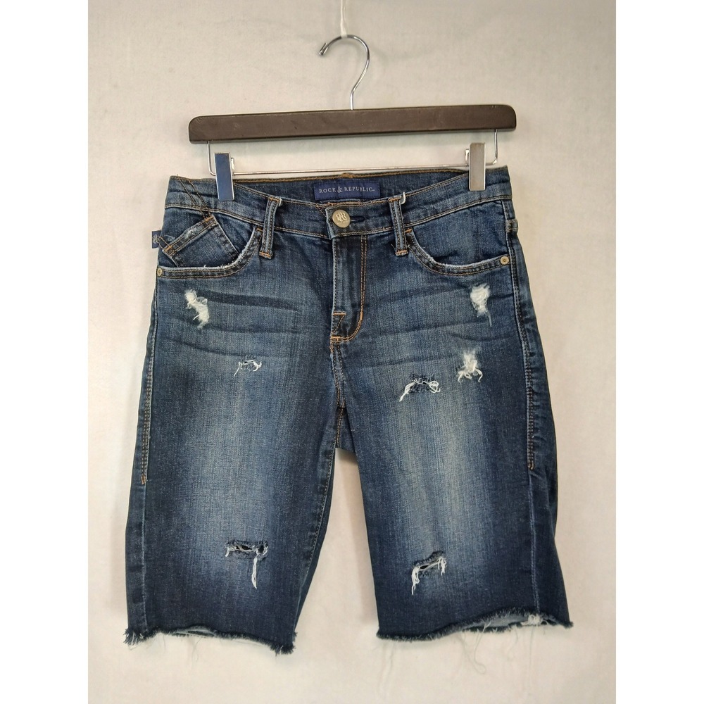 Rock & Republic Kristy Distressed Bermuda Denim Shorts‎ Dark Wash Raw Hem Size 2